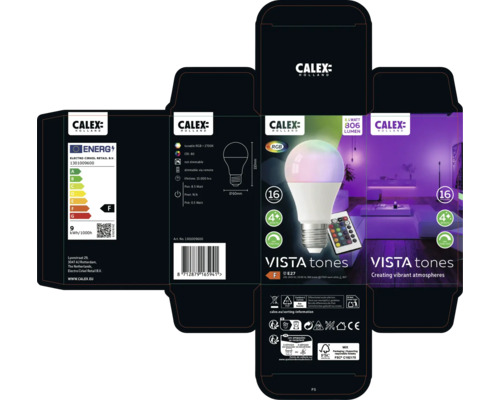 Calex Verpackung einer Vista Tones LED Lampe mit E27 Fassung, 8,5 Watt und 806 Lumen