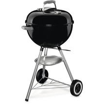 Schwarzer Holzkohlegrill mit Deckel, Griff, Ascheauffangbehälter und Rädern