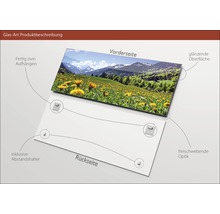 Glasbild mit Berglandschaft, glänzender Oberfläche, inklusive Abstandshalter und Aufhängung