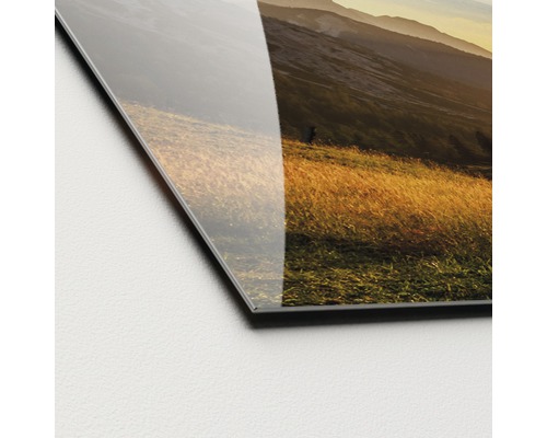 Nahaufnahme einer Landschaft auf einer Acrylglasplatte.