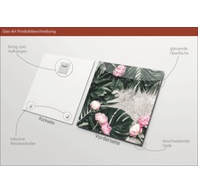 Glasbild mit Motiv von Blättern und Blüten, inklusive Wandhalterung