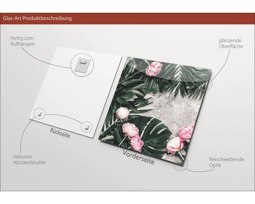 Glasbild mit Motiv von Blättern und Blüten, inklusive Wandhalterung