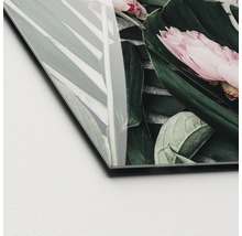 Nahaufnahme einer Acrylglasbild-Ecke mit Blumen- und Blättermuster
