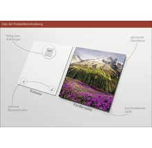Glasbild mit Berglandschaft, inklusive Aufhängung und Abstandshalter