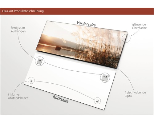 Glasbild mit Landschaftsmotiv, glänzender Oberfläche, inklusive Abstandshalter zur Wandmontage