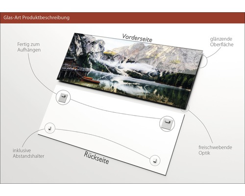 Glasbild mit Bergseemotiv, glänzender Oberfläche, inklusive Abstandshalter zur Wandmontage