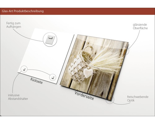 Produktbeschreibung Glasbild: Vorder- und Rückseite mit Aufhängevorrichtung und Abstandshalter