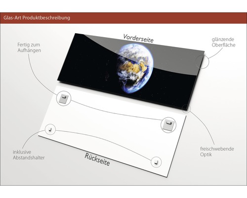 Glasbild mit Erdmotiv, glänzender Oberfläche und rückseitiger Aufhängung