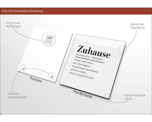 Glasbild mit dem Wort Zuhause und zugehöriger Definition mit glänzender Oberfläche, inklusive Aufhänger und Abstandshalter