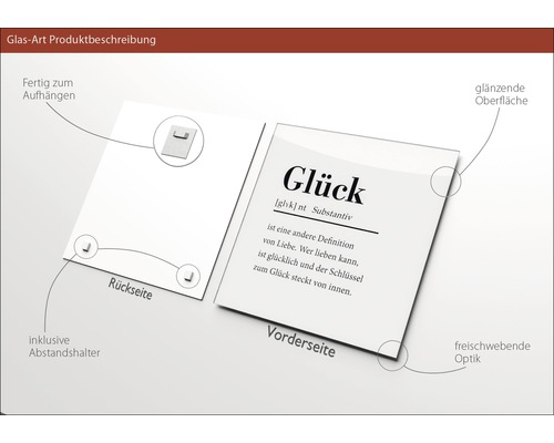 Glasbild mit dem Wort Glück, inklusive Abstandshalter und Aufhängung