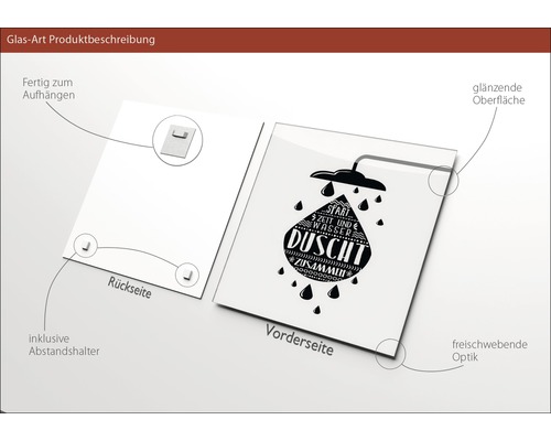 Glasbild mit Duschmotiv, inklusive Wandhalterung und glänzender Oberfläche