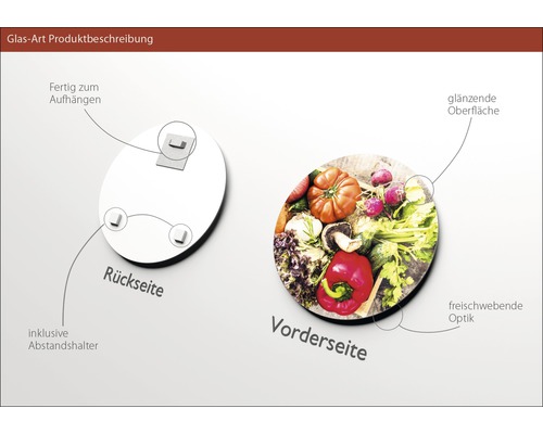 Produktbeschreibung einer Glasbild Kunst mit Gemüsemotiv, inklusive Halterung und glänzender Oberfläche
