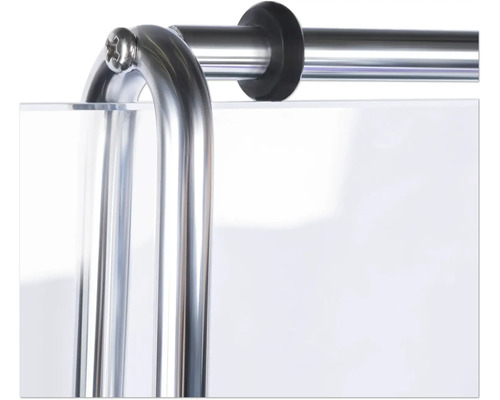 Detailansicht einer Duschkabinenbefestigung aus Metall mit Dichtung