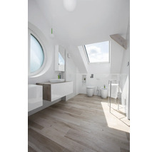 Helles Badezimmer mit Dachfenster, Waschtisch, Toilette und Bidet