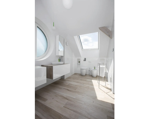 Helles Badezimmer mit Dachfenster, Waschtisch, Toilette und Bidet