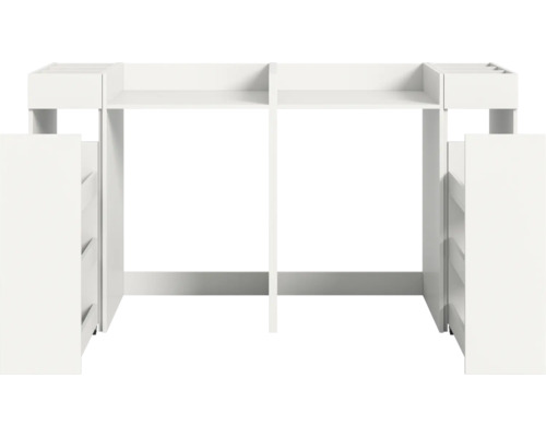 Weißes Hochbett mit integriertem Stauraum und Regalen.