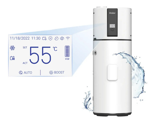 Haier Wärmepumpe mit digitaler Anzeige und Wassertropfen