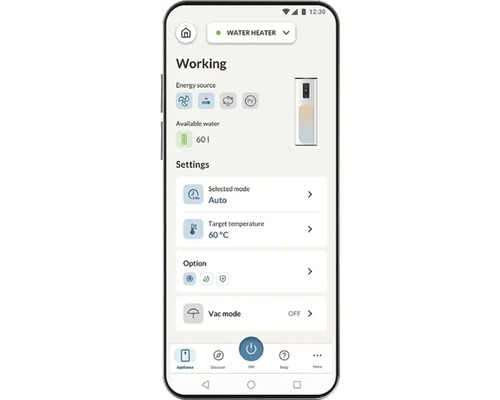 Smartphone-Display mit Benutzeroberfläche zur Steuerung eines Warmwasserbereiters