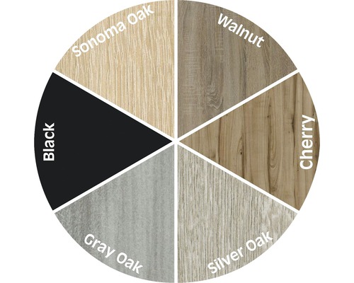 Farbmuster mit Sonoma Eiche, Walnuss, Kirsche, Silber Eiche, Grau Eiche und Schwarz