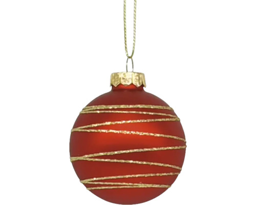 Rote Weihnachtskugel mit goldenen Streifen und Aufhänger
