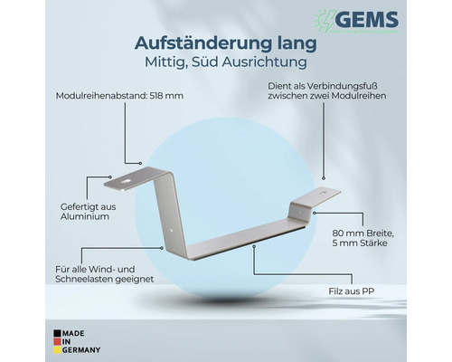 Lange Solarmodulaufständerung für mittige Südausrichtung mit einem Modulreihenabstand von 518 Millimeter, gefertigt aus Aluminium