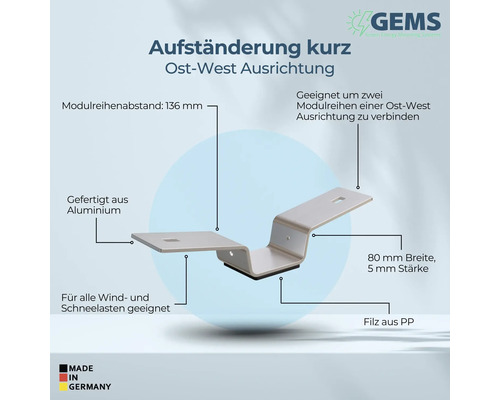 Kurze Aufständerung für Ost-West Ausrichtung aus Aluminium, geeignet für Wind- und Schneelasten, mit Filz aus Polypropylen, Modulreihenabstand 136 mm, Breite 80 mm, Stärke 5 mm, Made in Germany, GEMS Logo