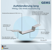 Aufständerung lang mittig für Ost-West Ausrichtung, geeignet für Wind- und Schneelasten, Modulreihenabstand 300 mm, 80 mm breit, 5 mm stark, aus Aluminium gefertigt, Filz aus Polypropylen, hergestellt in Deutschland