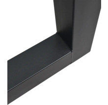 Detailaufnahme einer schwarzen Tischkufe aus Metall mit quadratischem Profil und Schweißnaht.