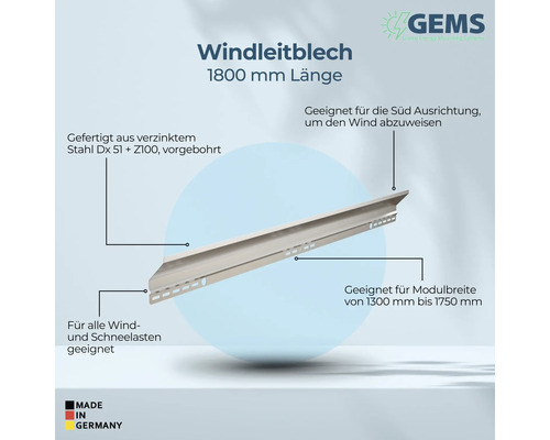 Windleitteil mit 1800 mm Länge aus verzinktem Stahl, geeignet für Wind- und Schneelasten