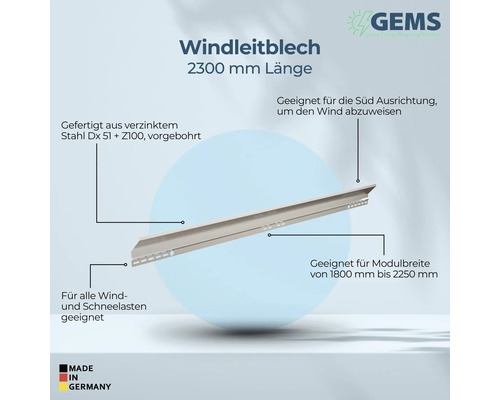 Windabweiser aus verzinktem Stahl, 2300 Millimeter Länge, geeignet für Wind und Schnee sowie Modulbreiten von 1800 bis 2250 Millimeter