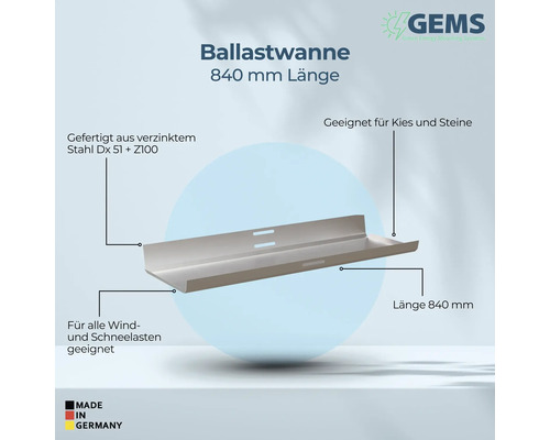 Ballastwanne aus verzinktem Stahl, 840 mm Länge, geeignet für Kies und Steine