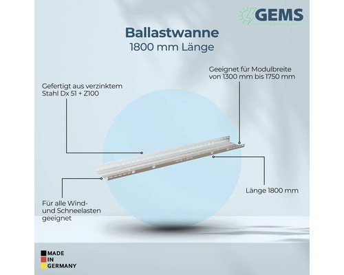 Ballastwanne mit 1800 Millimeter Länge aus verzinktem Stahl für Modulbreiten von 1300 bis 1750 Millimeter, geeignet für alle Wind- und Schneelasten