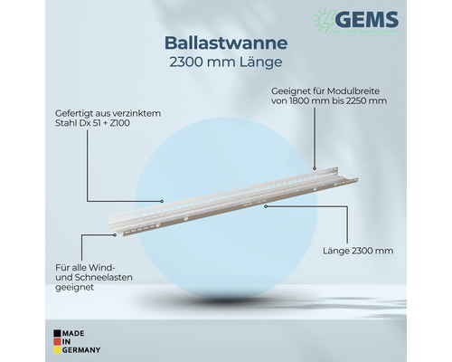 Ballastwanne aus verzinktem Stahl, 2300 mm Länge, geeignet für Wind- und Schneelasten
