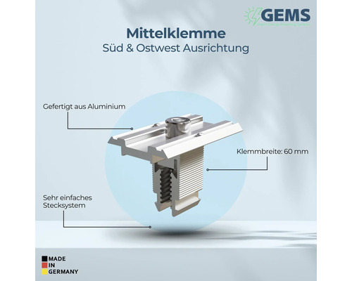 Mittelklemme aus Aluminium für Südausrichtung und Ostwestausrichtung mit 60 Millimeter Klemmbreite