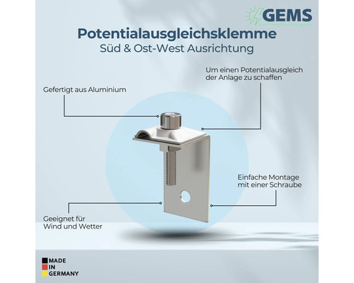 Potentialausgleichsklemme aus Aluminium für Süd und Ost-West Ausrichtung