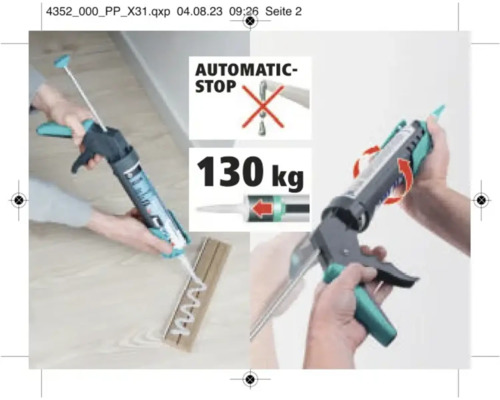 Kartuschenpistole in Anwendung mit Hinweisen zu Automatischem Stopp und Belastbarkeit