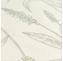 Nahaufnahme eines Tapetenmusters mit Pflanzenmotiven und einem Reiher