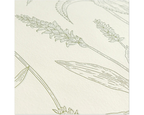 Nahaufnahme eines Tapetenmusters mit Pflanzenmotiven und einem Reiher