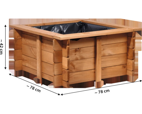 Quadratischer Pflanzkasten aus Holz, circa 42 Zentimeter hoch und 78 Zentimeter breit