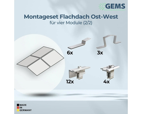 Montageset für Flachdach Ost-West Ausrichtung für vier Module mit Montagematerialien und GEMS Logo