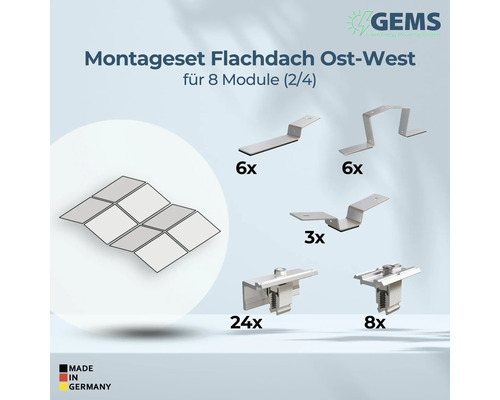 Montageset für Flachdach Ost-West für acht Module mit Montageteilen