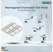 Montageset für Flachdach Ost-West Ausrichtung für zwölf Module, bestehend aus Montagewinkeln und Klemmen