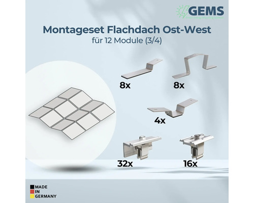 Montageset für Flachdach Ost-West Ausrichtung für zwölf Module, bestehend aus Montagewinkeln und Klemmen
