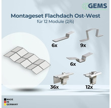 Montageset für Flachdach Ost-West für zwölf Module mit verschiedenen Montageteilen und dem Hinweis Made in Germany