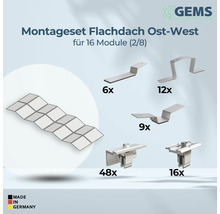 Montageset für Flachdach Ost-West für 16 Module mit verschiedenen Montageelementen und Made in Germany Siegel