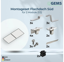 Montageset für Flachdächer zur Installation von zwei Solarmodulen mit GEMS Logo und Made in Germany Siegel.