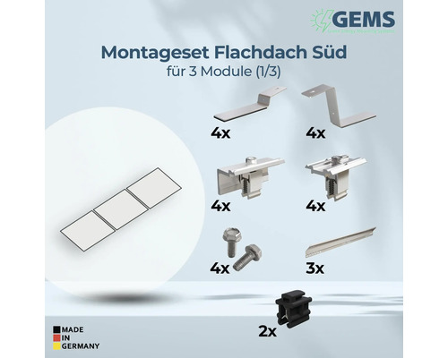 Montageset für Flachdach Südausrichtung für drei Module mit Montagematerialien