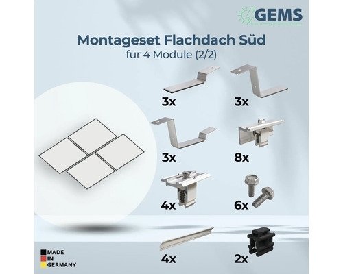 Montageset für Flachdach Südseite für vier Module mit Montageelementen