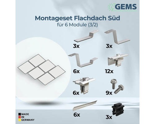 Montageset für Flachdach Süd für 6 Module mit verschiedenen Montageteilen