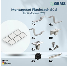 Montageset für Flachdach Süd für sechs Module mit Montagewinkeln, Modulklemmen, Schrauben, Kabelclips und Schienen
